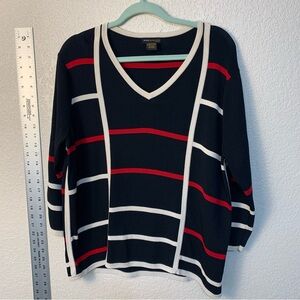 Classic V-Neck Striped Sweater - Black, Red, and White